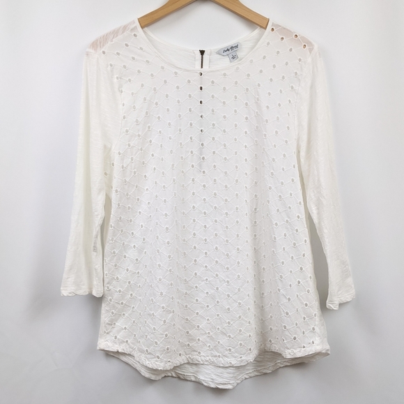 Lucky Brand Eyelet Top Sheer Long Sleeve Boho Prairiecore Feminine Lacy White L - Picture 1 of 10
